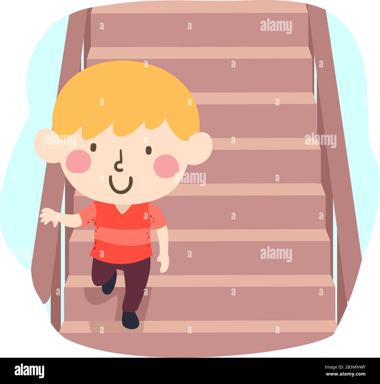 Abbildung eines Kid Boy Mit Der Linken Seite der Treppe, Die In einer Erdbebenübung Nach Unten Geht Stockfoto
