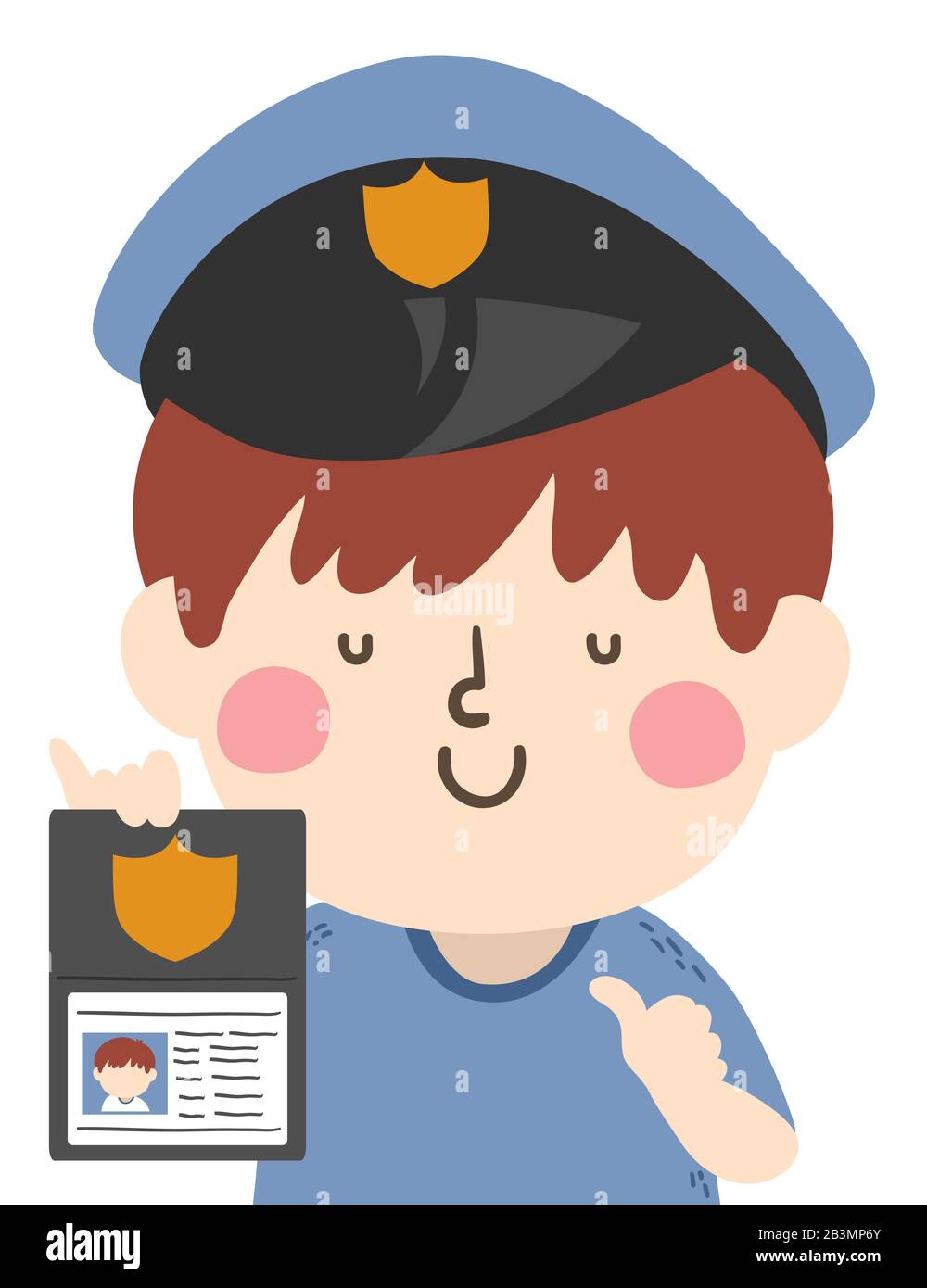 Abbildung: Polizei-Kostüm mit Hut und Identifikationskarte für Kid Boy Stockfoto
