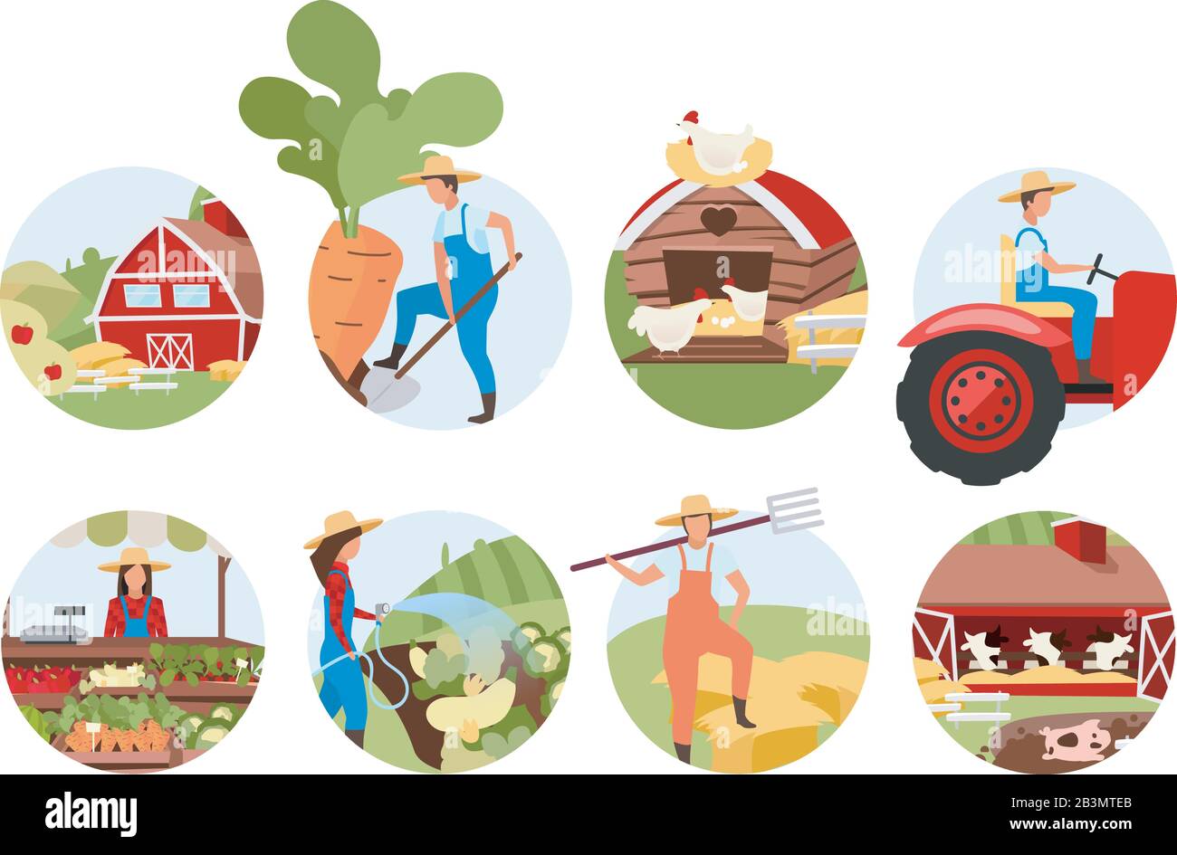 Landing Flat Concept Icons Set. Viehhaltung und Viehhaltung. Aufkleber für die Landwirtschaft, Cliparts. Bauern vermarkten Produkte. Anbau von Kulturpflanzen Stock Vektor