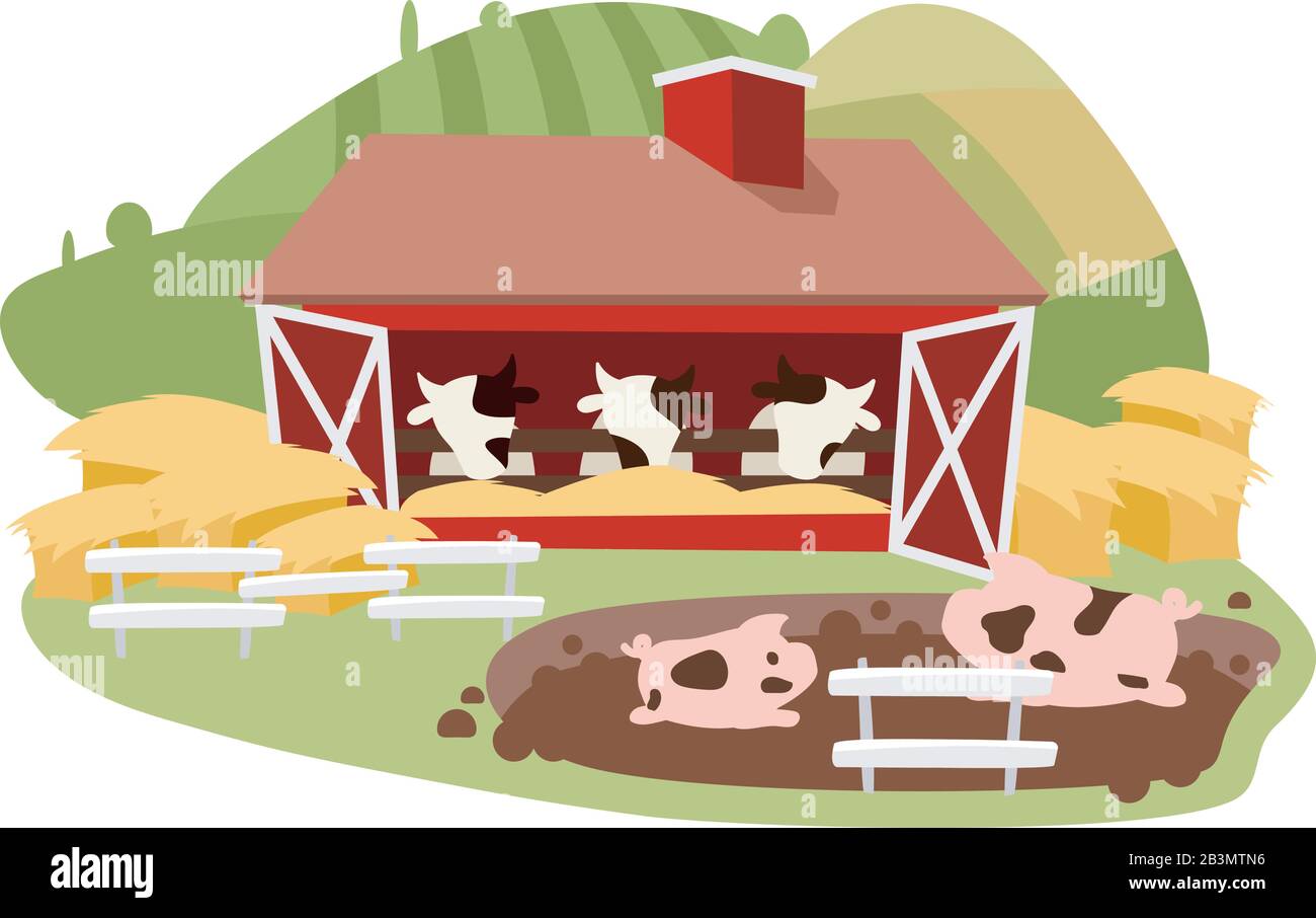Viehische und tierische Landwirtschaft - flache Vektorgrafiken. Milchfarm isoliertes Cartoon-Konzept. Kühscheune und Schweinezaun mit Heuballen. Tierische Landwirtschaft Stock Vektor