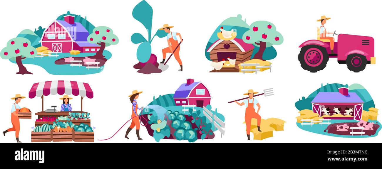 Vektorgrafiken für den Bauernhof. Gartenbau und Gemüsegärtnerei. Bauernmarkt produziert Konzept. Viehhaltung, Viehhaltung und Geflügelhaltung Stock Vektor