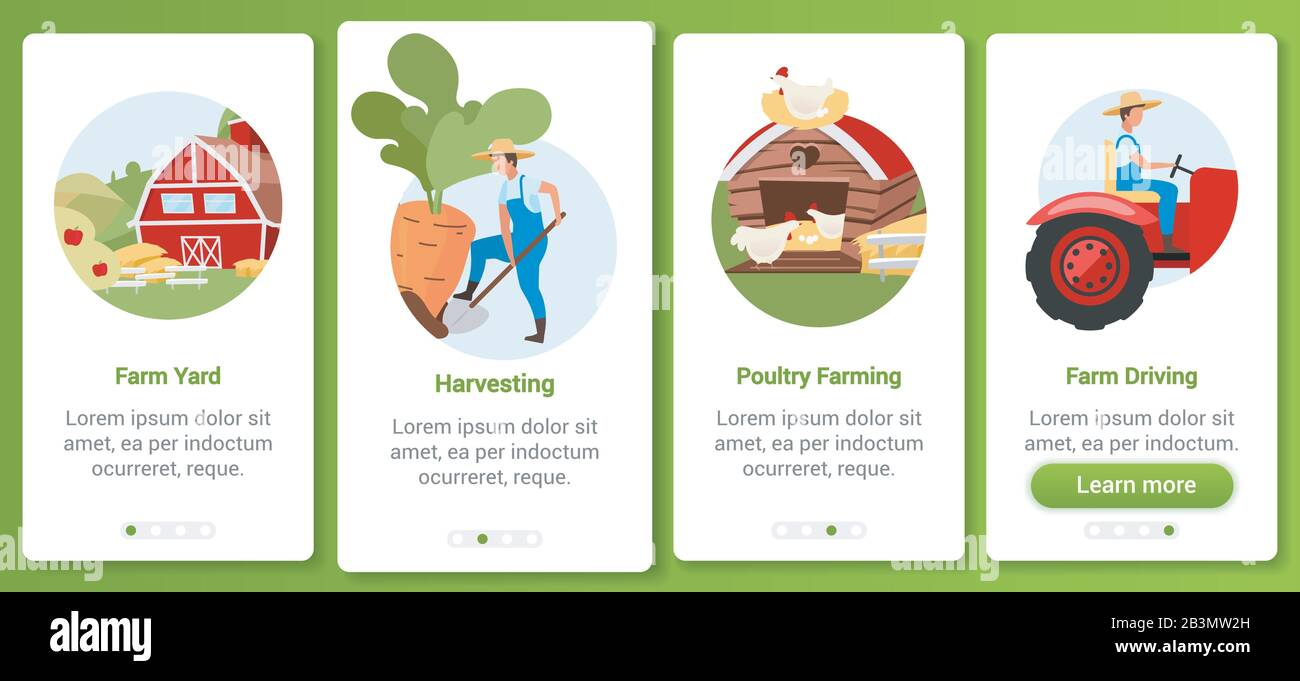 Vektorvorlage für die mobile App "Landing & Agriculture Onboarding". Hof, Ernte, Geflügelfarm, Traktorfahren. Website mit Wohnung durchgehen Stock Vektor