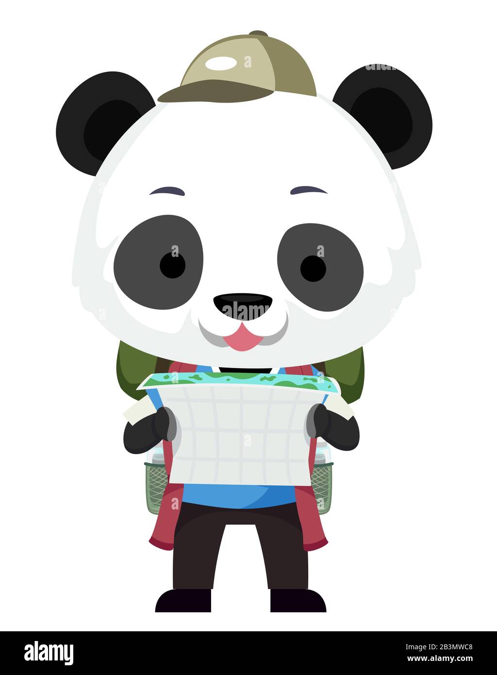 Abbildung: Ein Süßer Panda Mascot Explorer, Der Eine Karte liest und Das Paket Zurückträgt Stockfoto