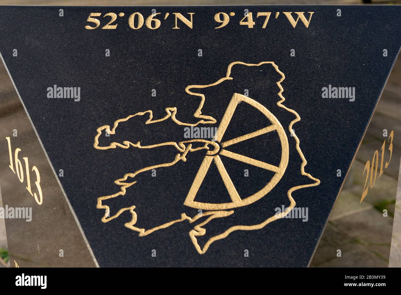 Meilensteindenkmal mit der Karte des County Kerry sowie breiten- und Längenkoordinaten für die genaue geographische Lage des Killorglin County Kerry Irela Stockfoto