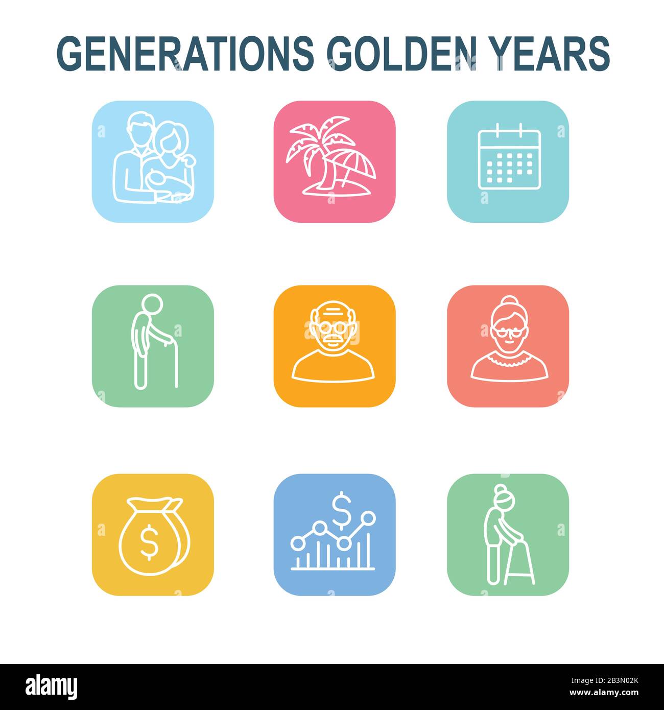Generationen: Die goldenen Jahre Icon Set mit Ruhestand Kalender, Geld, etc. Stock Vektor