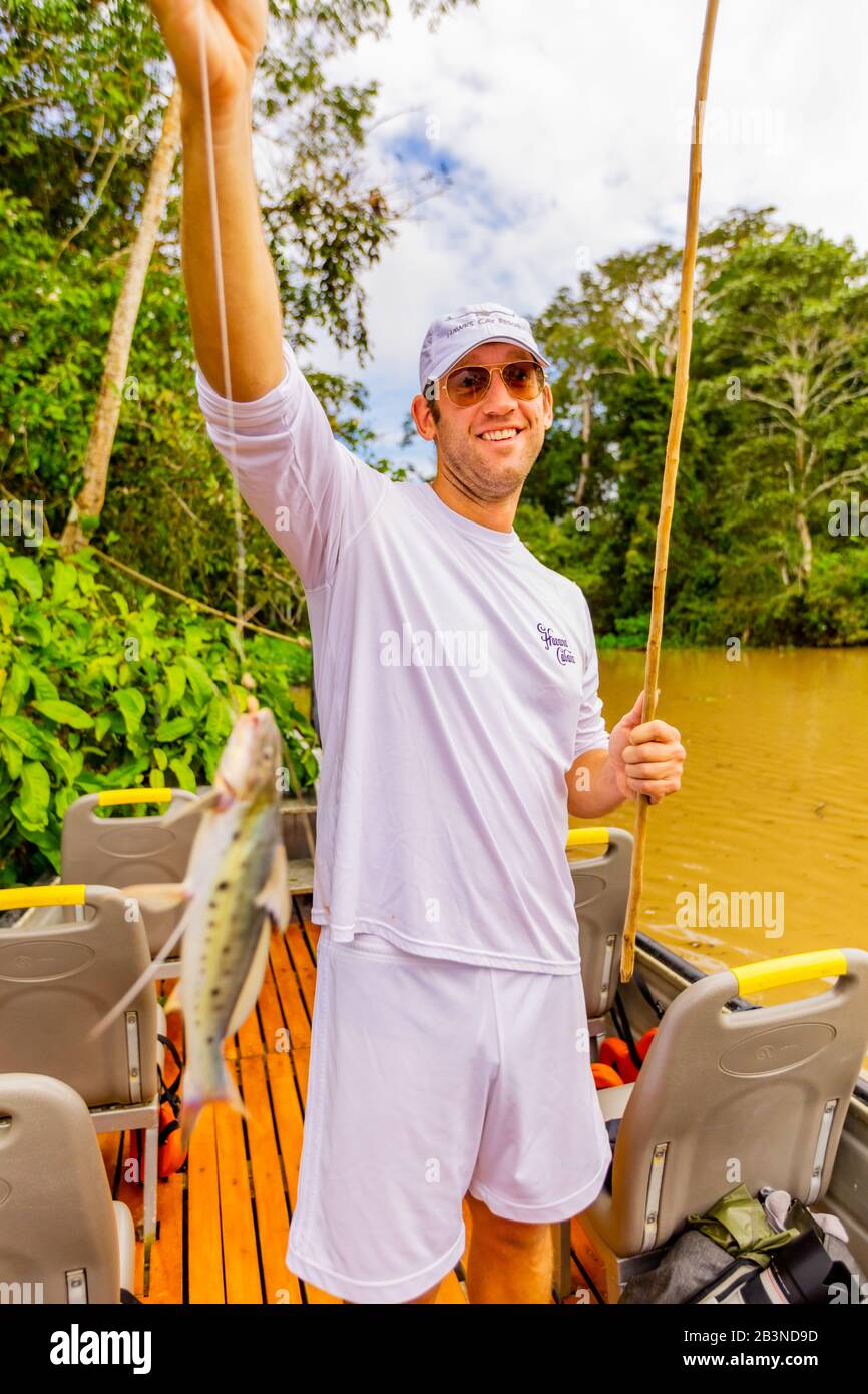 Mann, der seinen frisch gefangenen Fisch aus dem Amazonas-Fluss, Peru, Südamerika zeigt Stockfoto