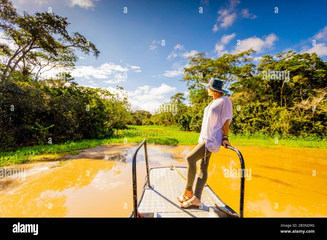 Frau, die auf einer Bootstour durch den Amazonas-Fluss, Peru, Südamerika nach Tierwelt sucht Stockfoto