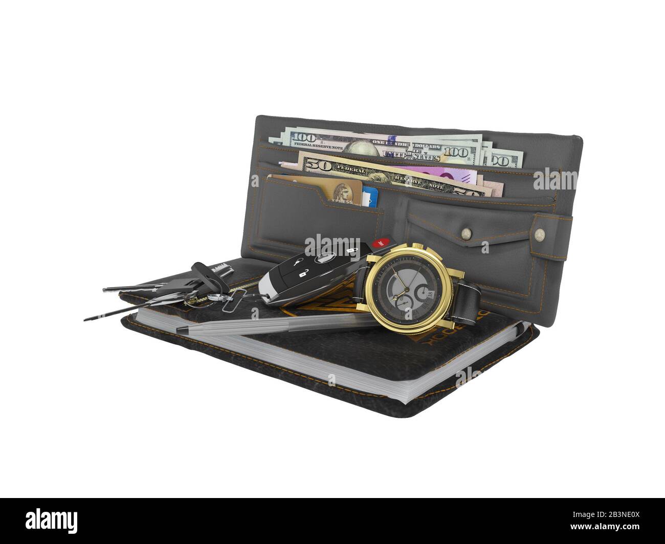 3D-Rendering von Autoschlüsseln mit Gentleman Wallet auf weißem Hintergrund kein Schatten Stockfoto