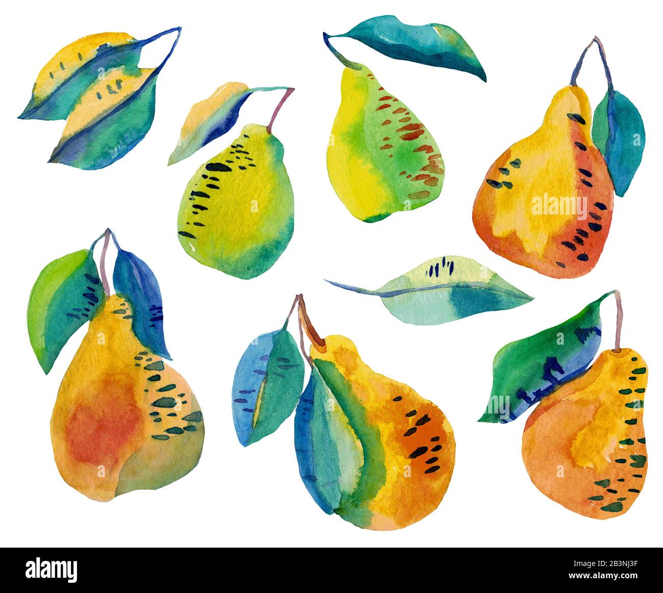 Wasserfarben-Set aus verrückten lustigen Birnen mit auf Weiß isolierten Blättern. Sommer kühle Früchte in Kontrastfarben grün-gelb. Modernes Illustrationsdesign Stockfoto