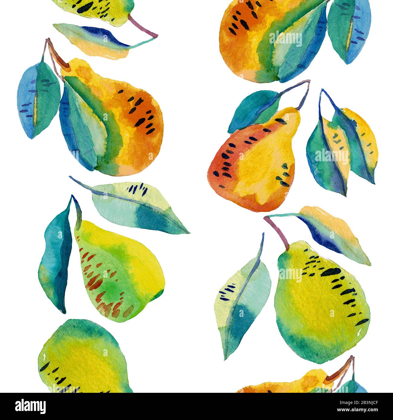 Handbemalte Birnen in Farbe in vertikalem, nahtlosem Rahmen. Komposition in Gelb, Orange und Blau, Cartoon-Stil. Coole vegetarische Illustration. Stockfoto
