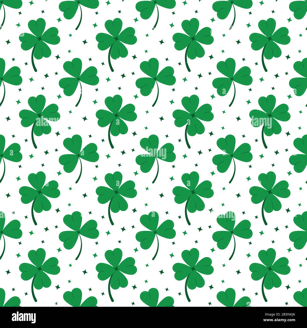 Kleeblatt hinterlässt nahtloses Muster isoliert auf weißem Grund: Grünes glückliches vierblättriges Kleeblatt und Shamrock-Kleeblatt. Stock Vektor