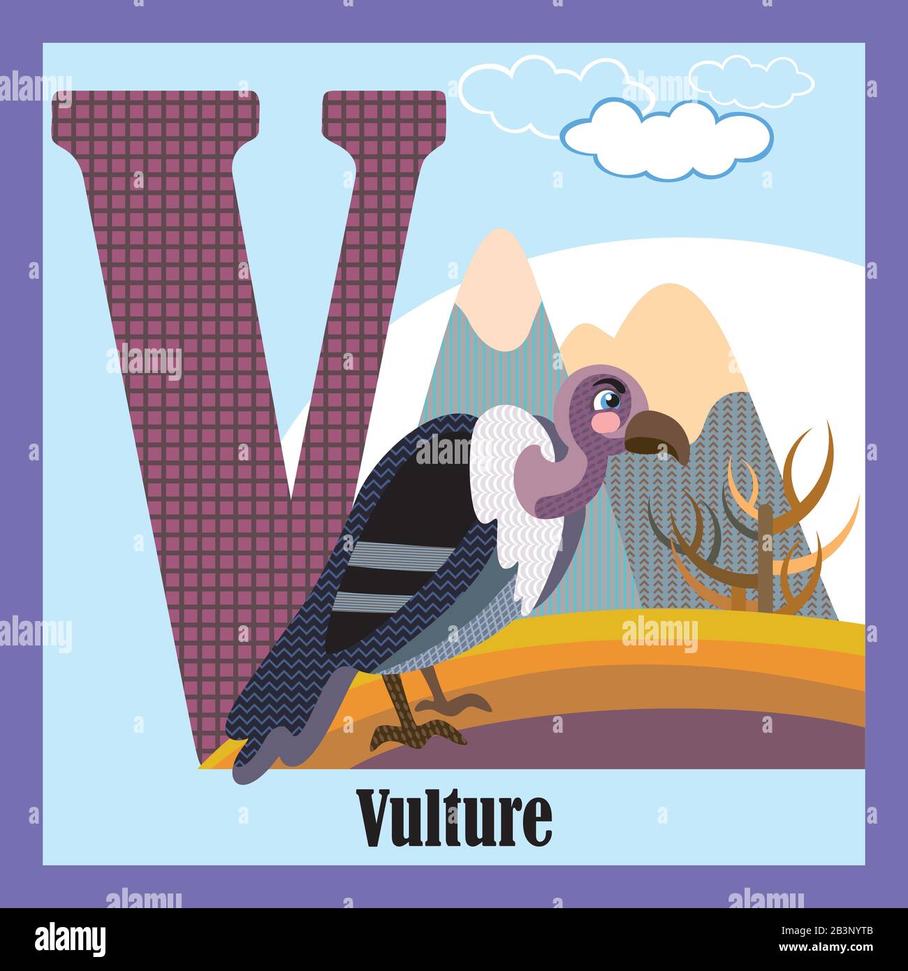 Vektorielle Zeichentrick-FlashCards tierischer Alphabete, Buchstabe V. Bunte Cartoon-Illustration von Buchstabe V und Geier-Vektorfigur. Helle Farben Zoo Wild Stock Vektor