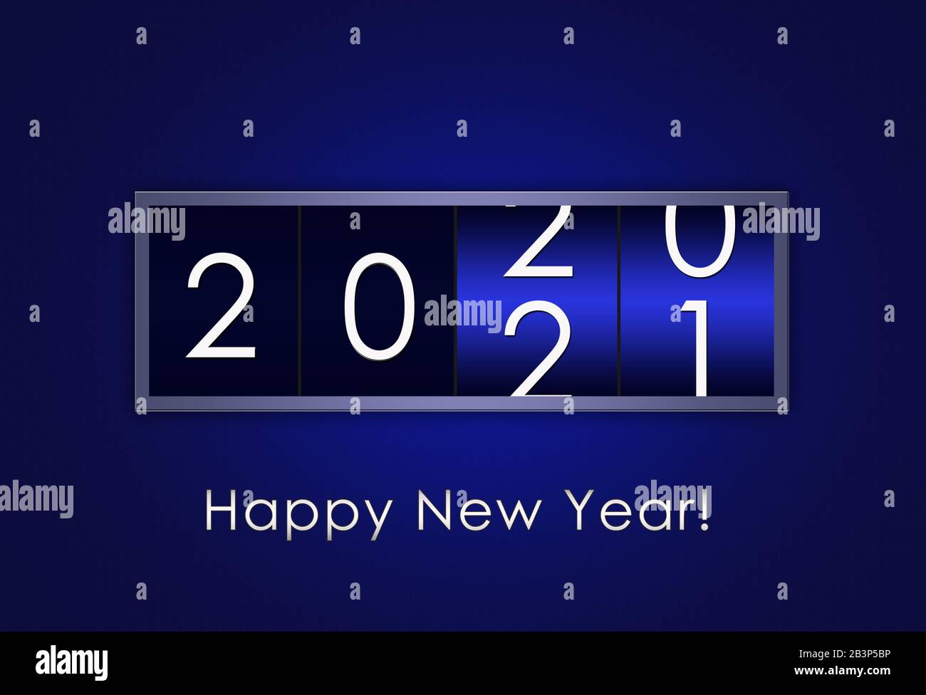 Countdown-Timer auf blauem Hintergrund mit Änderung der Jahreszahl von 2020 auf 2021.Die Farbe des Jahres 2020 - blau Stockfoto
