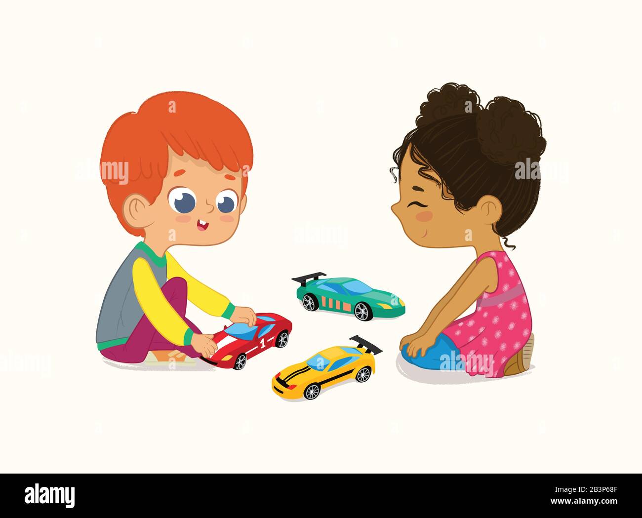 Illustration von Cute Boy and Girl, Die Mit Ihren Toys Cars Spielen. Der rote Haarjunge zeigt und teilt seine Spielzeugautos seinem afroamerikanischen Freund Stock Vektor