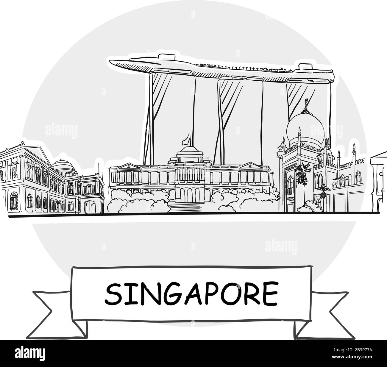 Singapore Stadtbild Vector Sign. Darstellung von Strichgrafiks mit Farbband und Titel. Stock Vektor