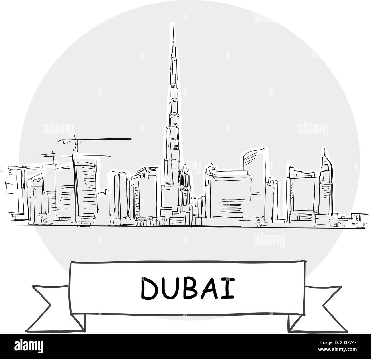 Dubai Stadtbild Vektor-Zeichen. Darstellung von Strichgrafiks mit Farbband und Titel. Stock Vektor