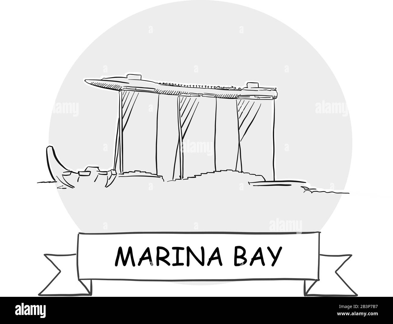 Marina Bay Stadtbild Vektor-Zeichen. Darstellung von Strichgrafiks mit Farbband und Titel. Stock Vektor