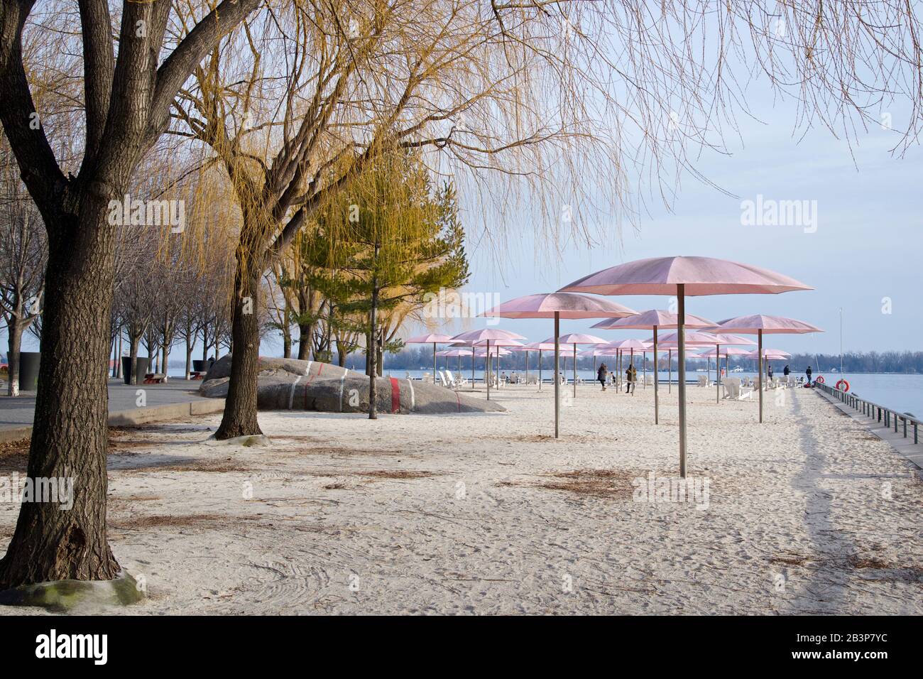 Liegestühle mit Sonnenschirm in der Farbe Sonnenuntergang Stockfoto