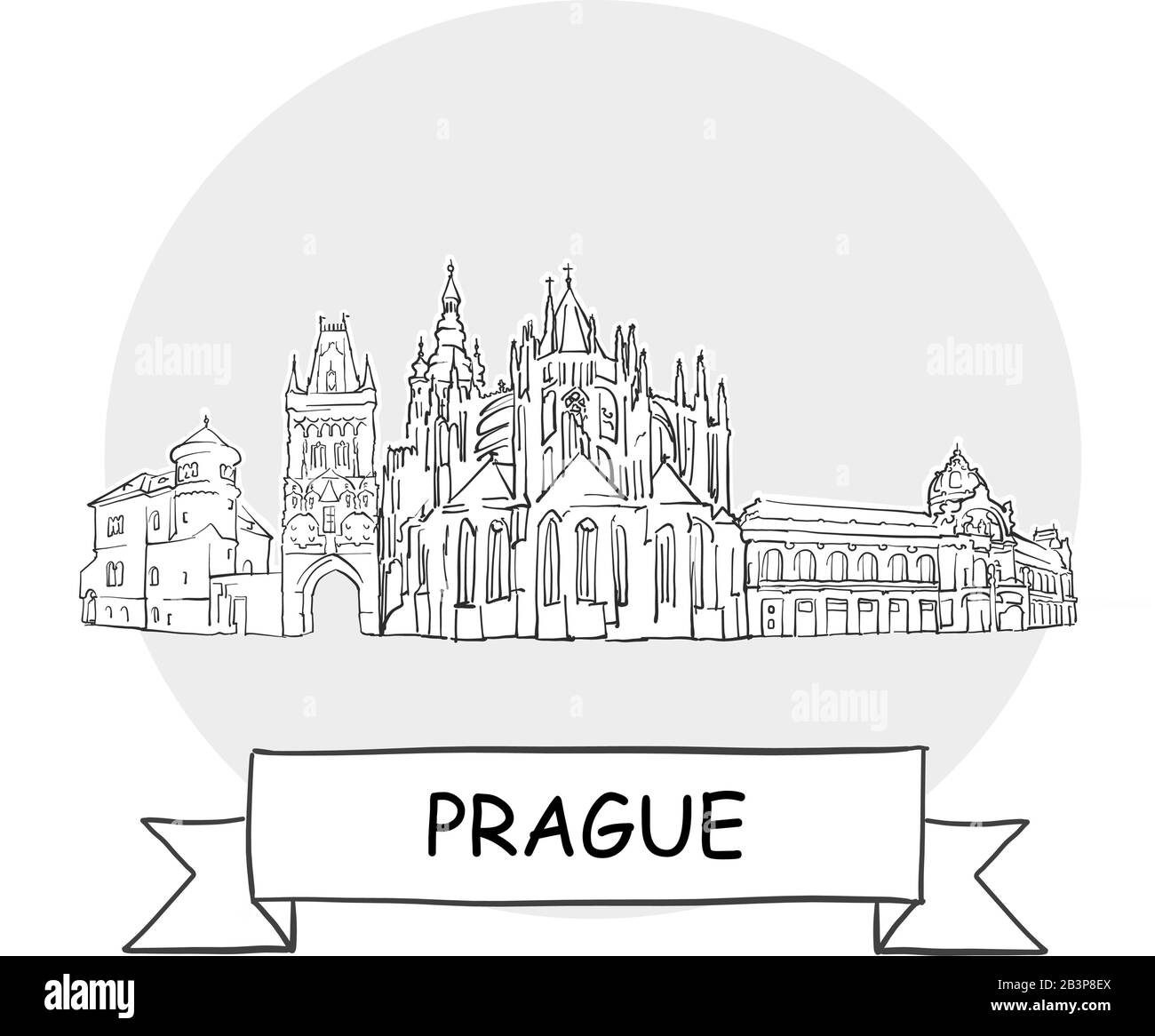 Prager Stadtbild Vektor-Zeichen. Darstellung von Strichgrafiks mit Farbband und Titel. Stock Vektor