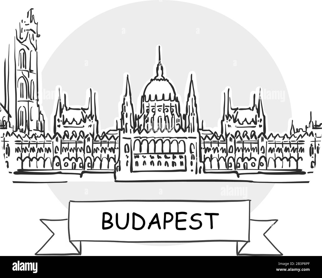 Budapester Stadtbild Vektor-Zeichen. Darstellung von Strichgrafiks mit Farbband und Titel. Stock Vektor