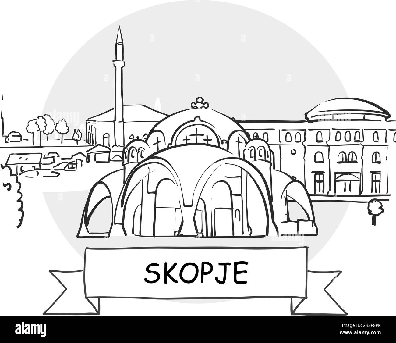 Skopje Stadtbild Vektor-Zeichen. Darstellung von Strichgrafiks mit Farbband und Titel. Stock Vektor