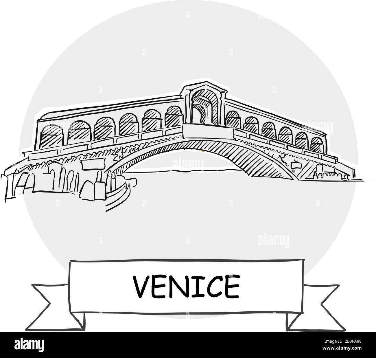 Venedig Stadtbild Vektor-Zeichen. Darstellung von Strichgrafiks mit Farbband und Titel. Stock Vektor