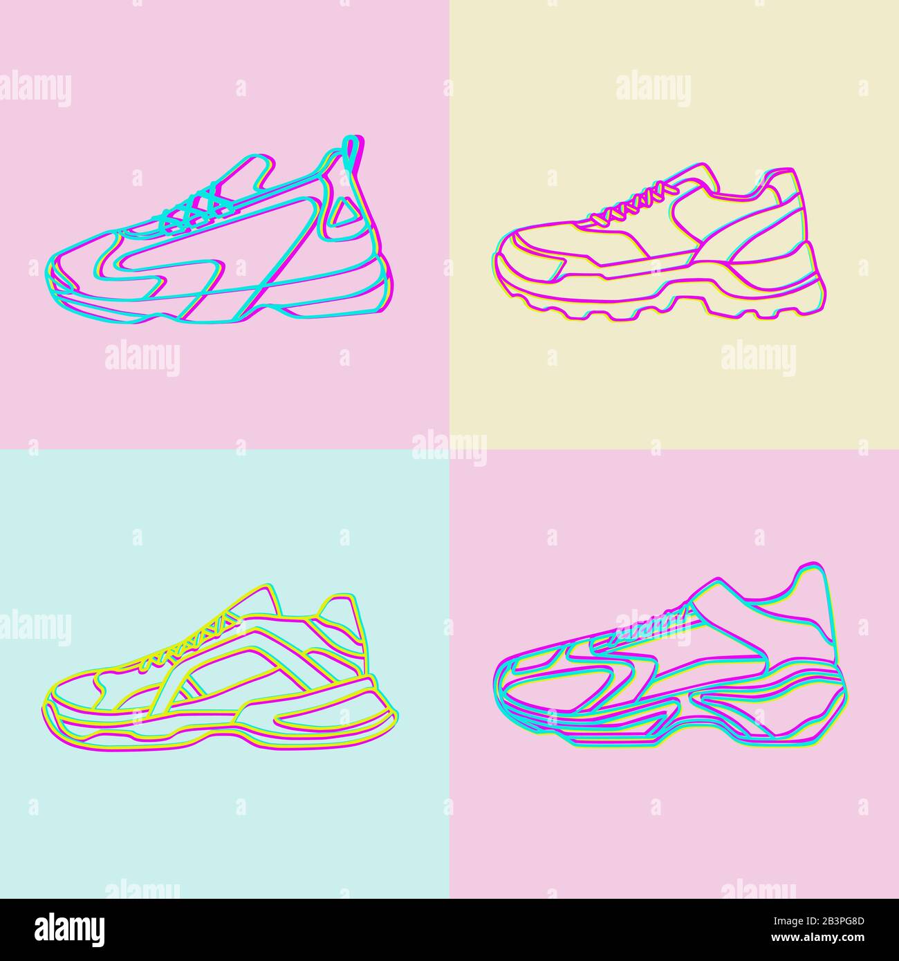 Vektorsymbol für Sneakers. Helle Neon Linearschuhe auf pinkblauem und gelbem Hintergrund.Einfache Abbildung von Fitness und Sport, Sportschuh. Schilderladen Stock Vektor
