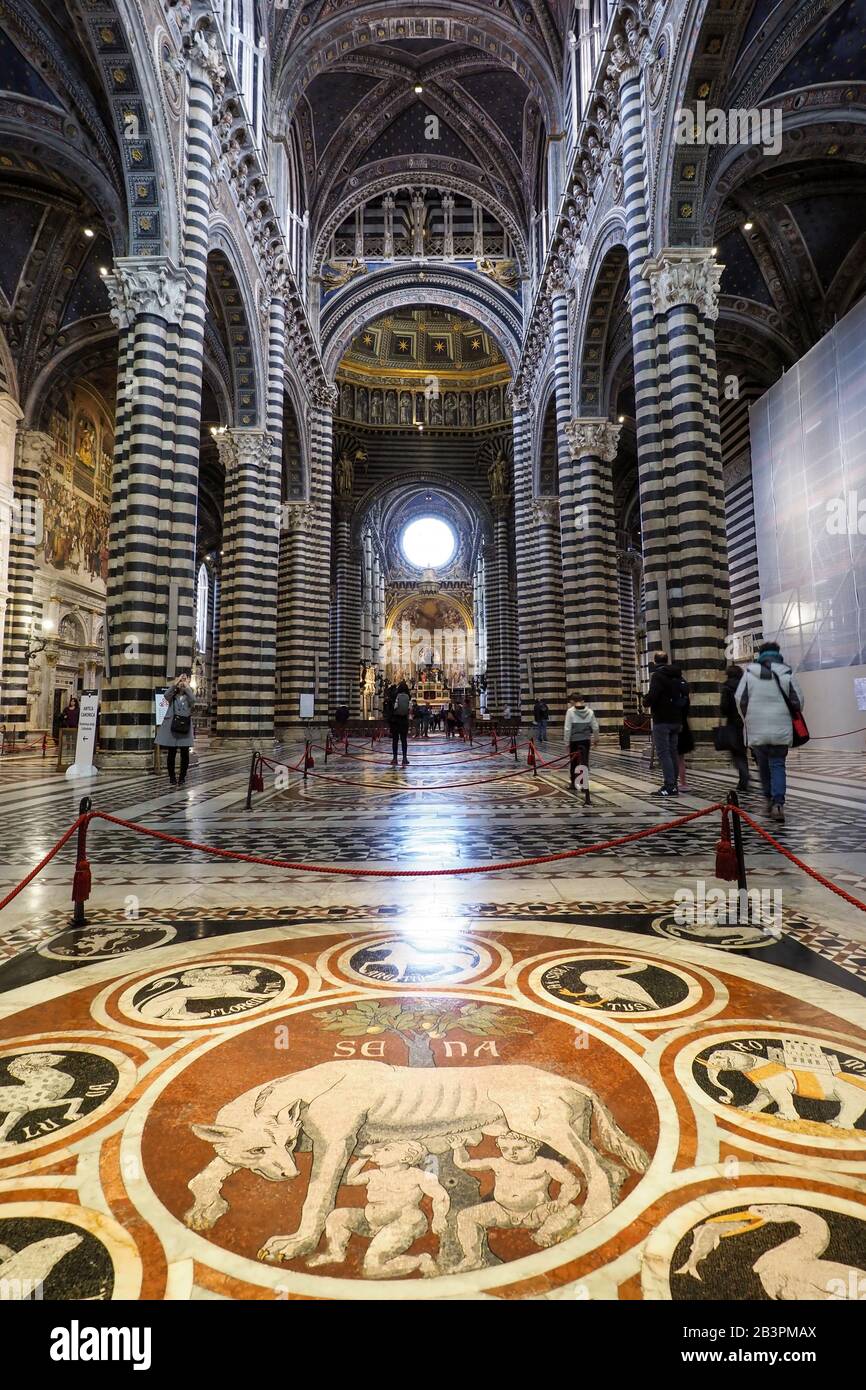 Hauptgang und -Altar aus dem Inneren des Doms von Siena (Dom) mit tagsüber wenigen Besuchern Stockfoto
