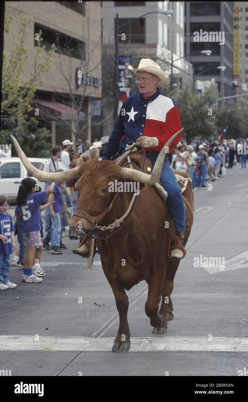 Austin, Texas, USA, 02.März 00: Ein Mann mit einem Hemd mit texanischer Flagge und Cowboyhut reitet während einer Parade zum Unabhängigkeitstag in Texas einen Longhorn-Bullen auf der Congress Avenue. Der Tag markiert den Jahrestag des Kampfes von Texas für die Unabhängigkeit von Mexiko im Jahr 1836. ©Bob Daemmrich Stockfoto