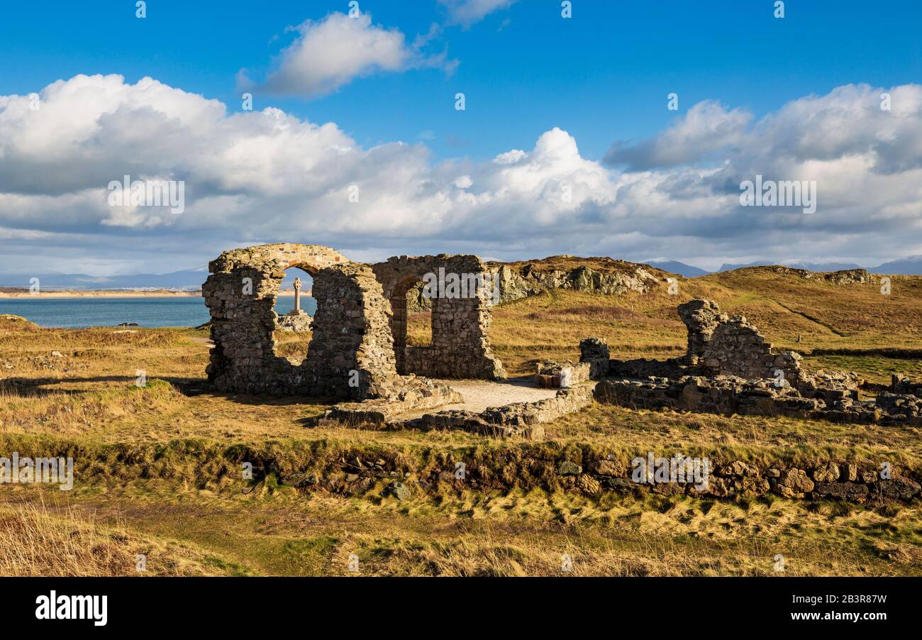 Das keltische Kreuz betrachtete die Ruinen der St. Dwynwen-Kirche auf der Insel Llanddwyn, Anglesey, Nordwales Stockfoto