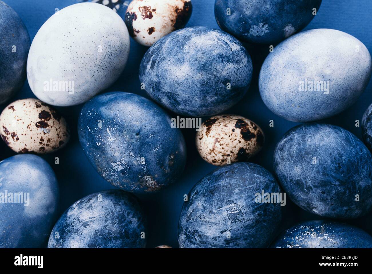 Schöne Gruppe ombrieren blaue Ostereier mit Wachteleiern und Federn auf blauem Grund. Osterkonzept. Grenzeier. Platz für Text kopieren Stockfoto