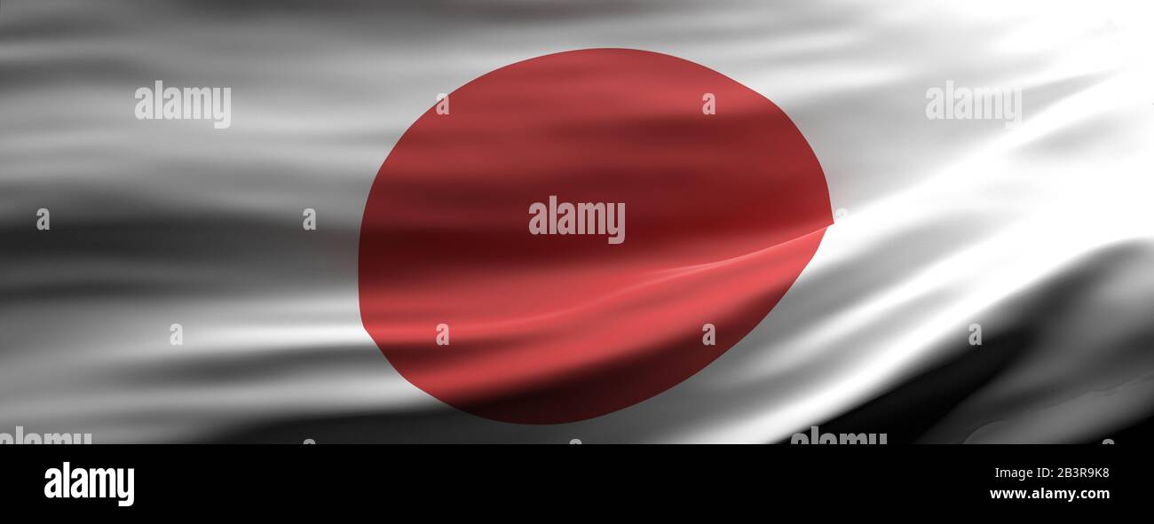 Symbol für das japanische Zeichen. Japanische Nationalflaggen winken Texturhintergrund, Banner. 3D-Abbildung Stockfoto