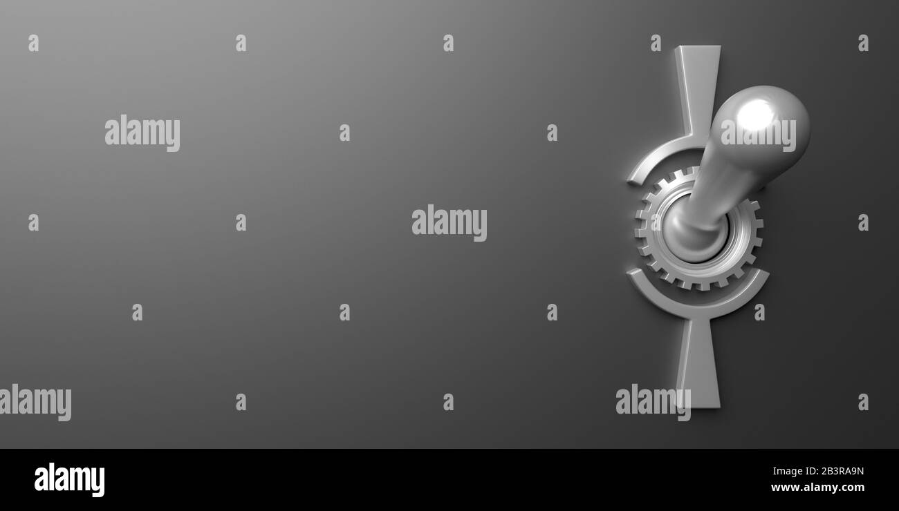 Ein aus-Schalter. Alter retro-elektrischer Steuerschalter vor schwarzem Hintergrund, Kopierraum. 3D-Abbildung Stockfoto