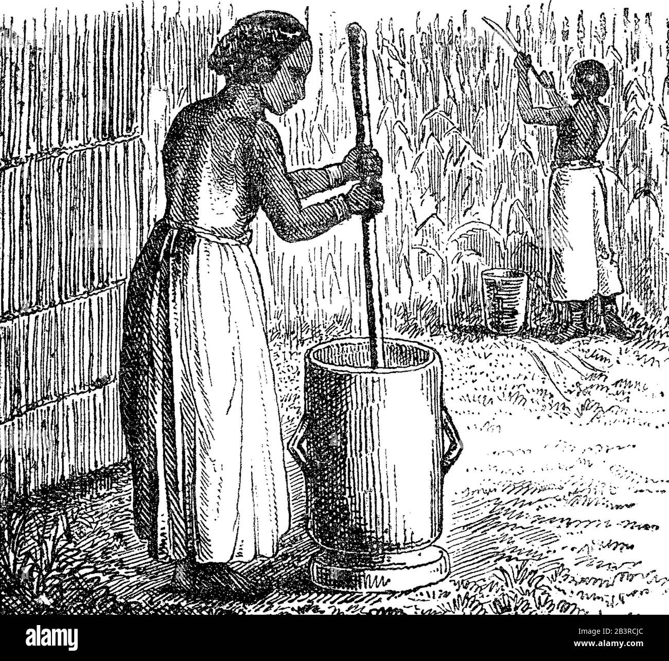 Afrika - Frau bereitet gruelle oder andere farinaähnliche Lebensmittel vor und rührt bis zu einer ziemlich glatten Vintage-Gravur Stockfoto