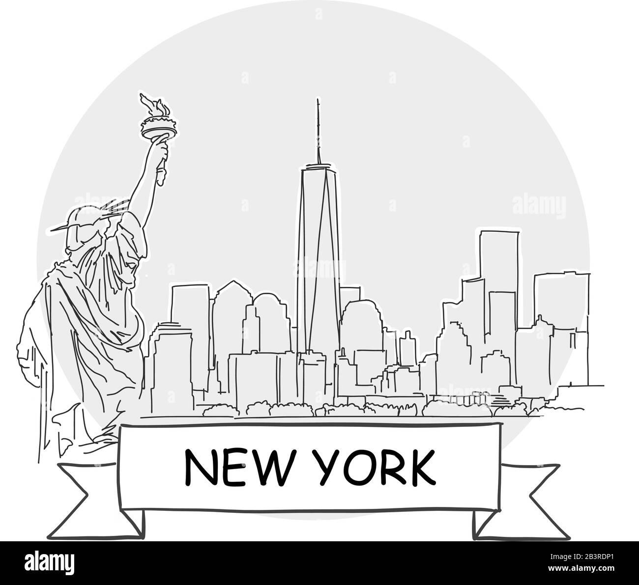 New York Hand-Drawn Urban Vector Sign. Schwarze Strichzeichnung mit Farbband und Titel. Stock Vektor New York Hand-Drawn Urban Vector Sign. Schwarze Strichzeichnung mit Farbband und Titel. Stock Vektor