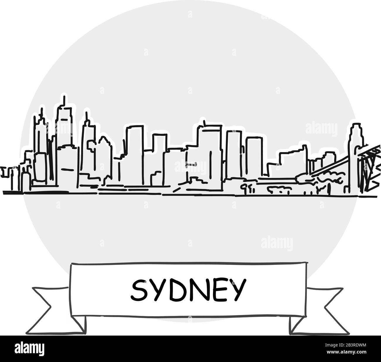 Sydney Hand-Drawn Urban Vector Sign. Schwarze Strichzeichnung mit Farbband und Titel. Stock Vektor