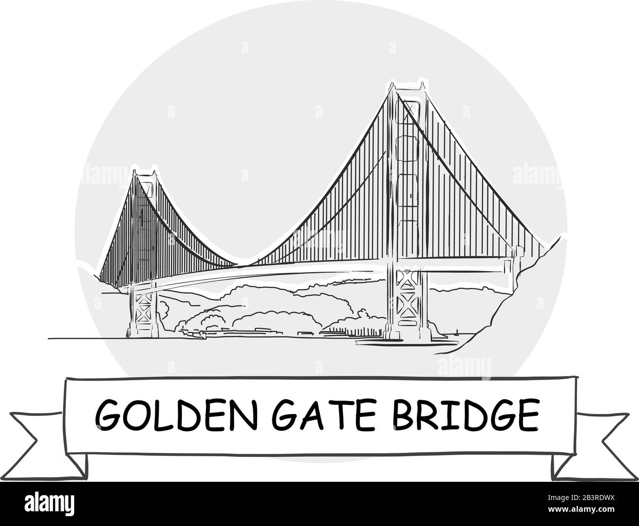 Golden Gate Bridge - Schild Mit Städtevektor Und Handdrawn. Schwarze Strichzeichnung mit Farbband und Titel. Stock Vektor