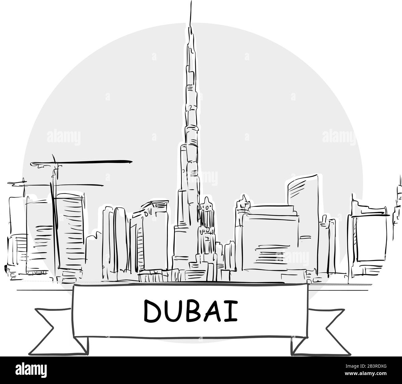 Dubai Hand-Drawn Urban Vector Sign. Schwarze Strichzeichnung mit Farbband und Titel. Stock Vektor