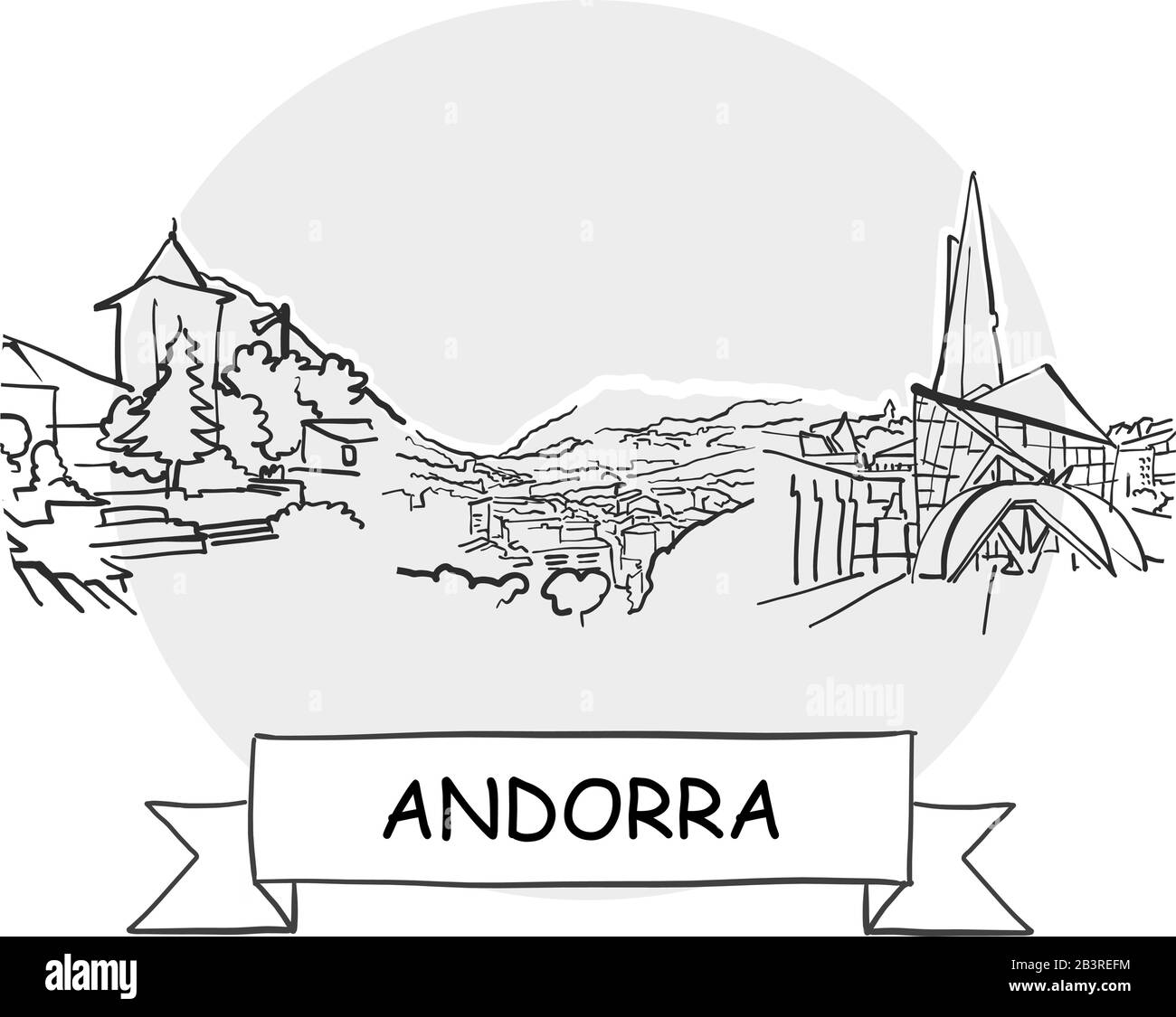 Andorra - Stadtvektor-Schild Mit Handdrawn. Schwarze Strichzeichnung mit Farbband und Titel. Stock Vektor Andorra - Stadtvektor-Schild Mit Handdrawn. Schwarze Strichzeichnung mit Farbband und Titel. Stock Vektor