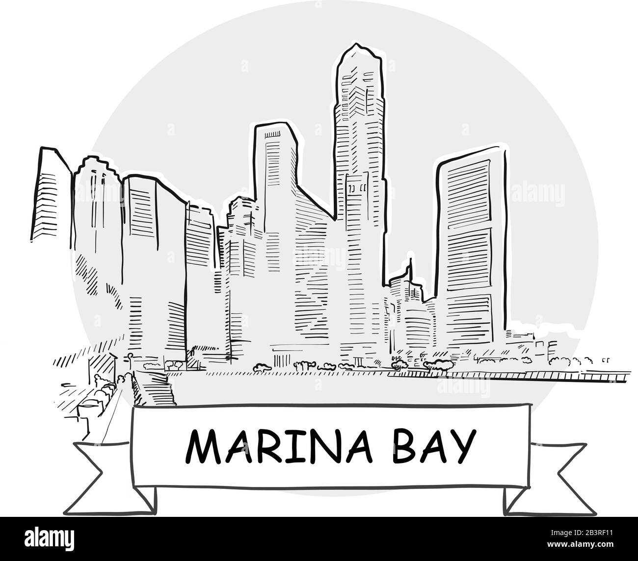 Marina Bay - Stadtvektor-Schild Mit Handdrawn. Schwarze Strichzeichnung mit Farbband und Titel. Stock Vektor