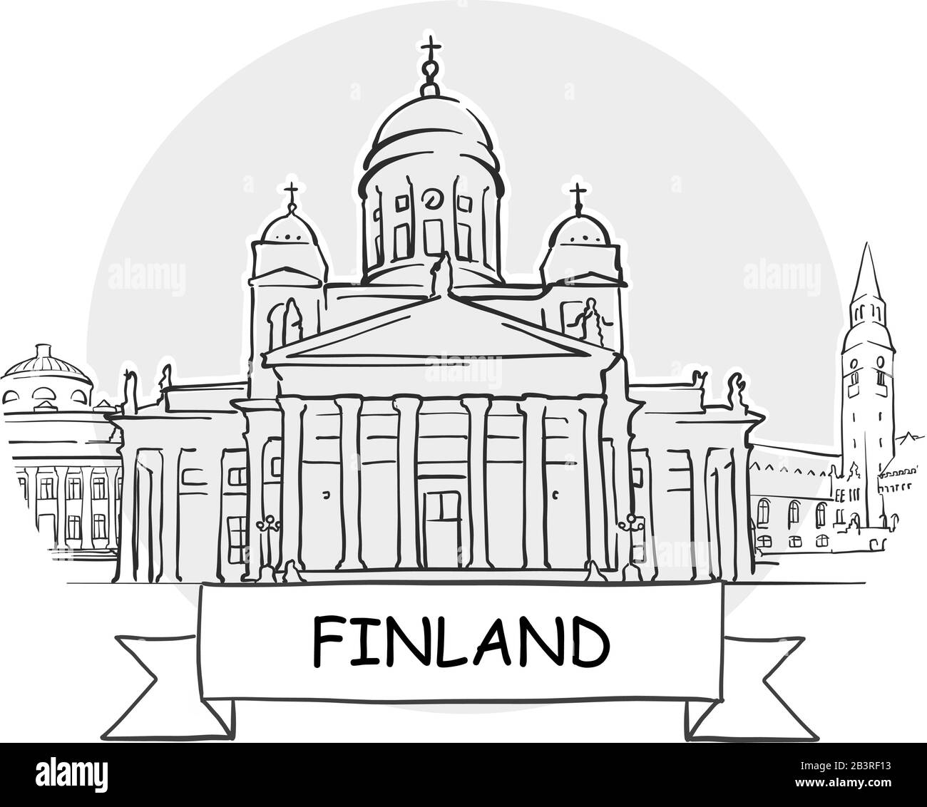 Finnland Hand-Drawn Stadtvektor-Zeichen. Schwarze Strichzeichnung mit Farbband und Titel. Stock Vektor