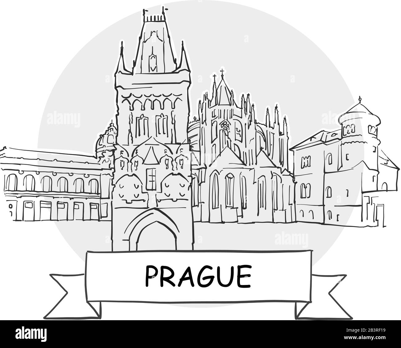 Prager Stadtvektor-Schild Mit Handdrawn. Schwarze Strichzeichnung mit Farbband und Titel. Stock Vektor