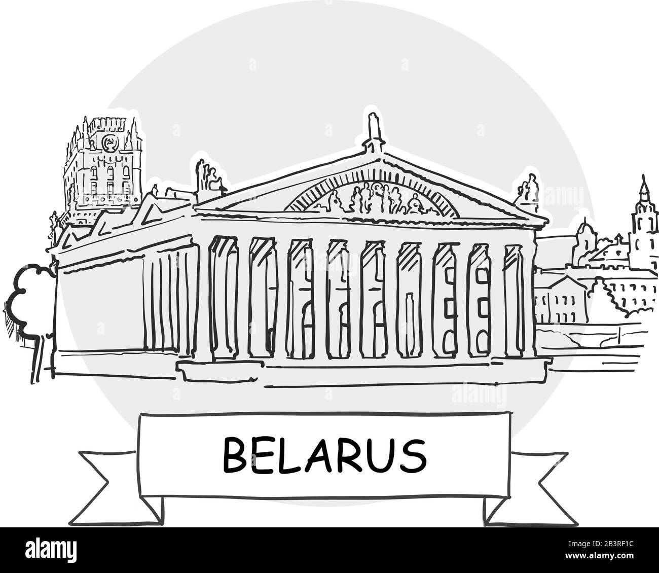 Weißrussische Hand-Drawn-Stadtvektor-Zeichen. Schwarze Strichzeichnung mit Farbband und Titel. Stock Vektor