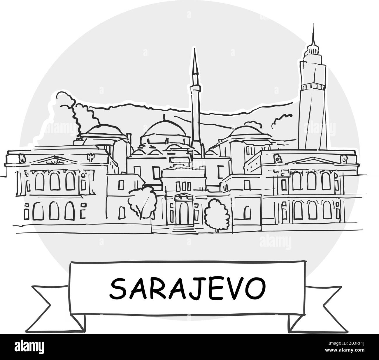 Sarajevo Hand-Drawn Stadtvektor-Zeichen. Schwarze Strichzeichnung mit Farbband und Titel. Stock Vektor Sarajevo Hand-Drawn Stadtvektor-Zeichen. Schwarze Strichzeichnung mit Farbband und Titel. Stock Vektor