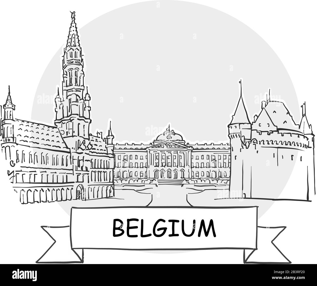 Belgien Hand-Drawn Stadtvektor-Zeichen. Schwarze Strichzeichnung mit Farbband und Titel. Stock Vektor