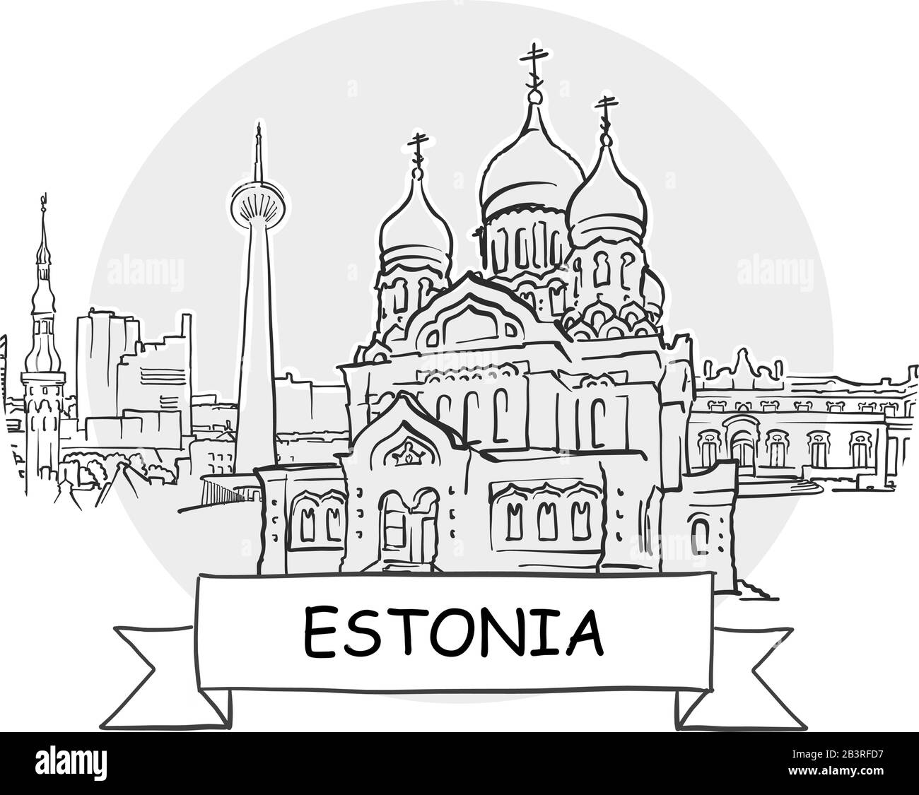 Estland Hand-Drawn Stadtvektor-Zeichen. Schwarze Strichzeichnung mit Farbband und Titel. Stock Vektor