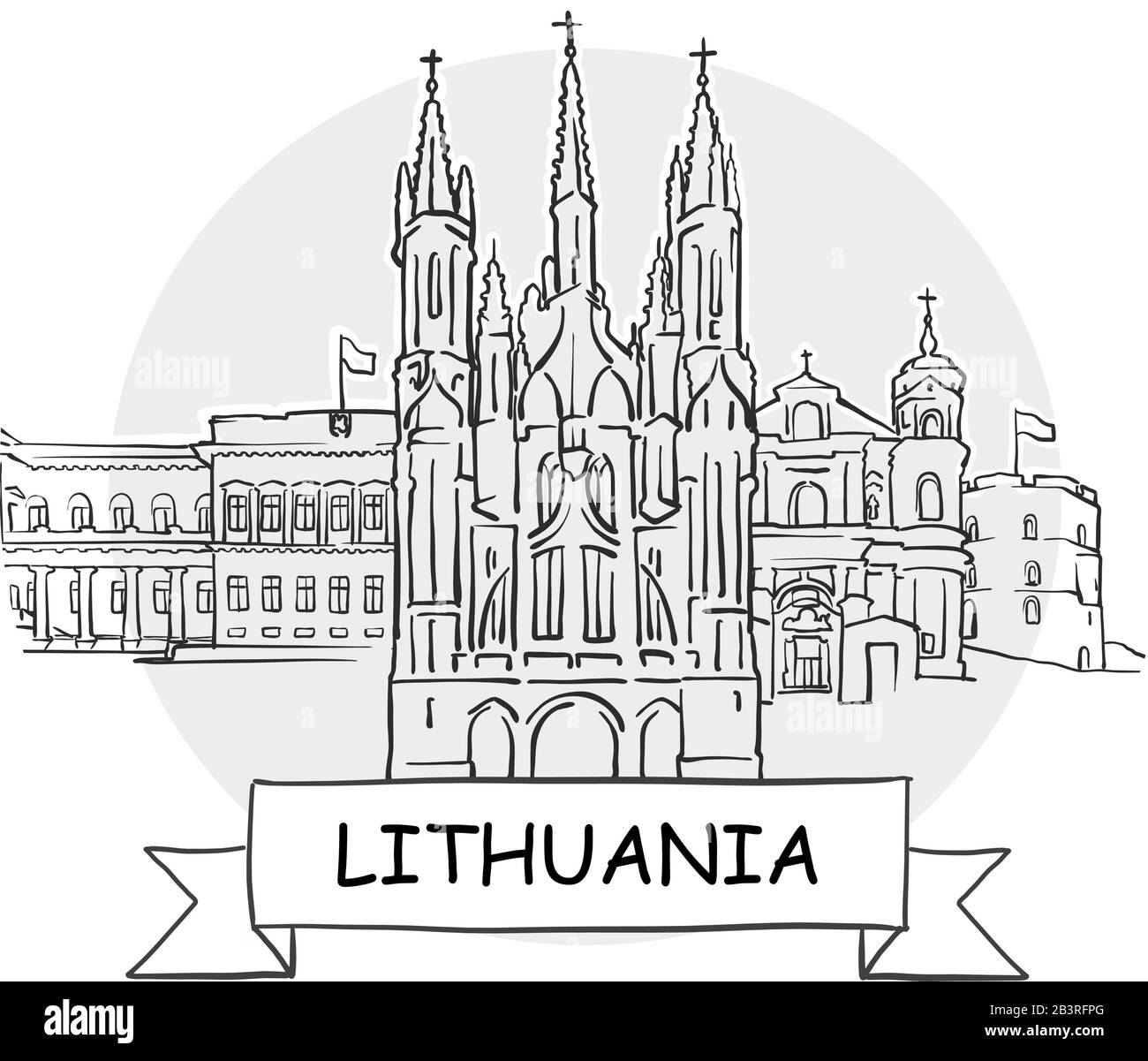 Städtisches Vektor-Zeichen Für Die Handdrawn-Stadt In Litauen. Schwarze Strichzeichnung mit Farbband und Titel. Stock Vektor Städtisches Vektor-Zeichen Für Die Handdrawn-Stadt In Litauen. Schwarze Strichzeichnung mit Farbband und Titel. Stock Vektor
