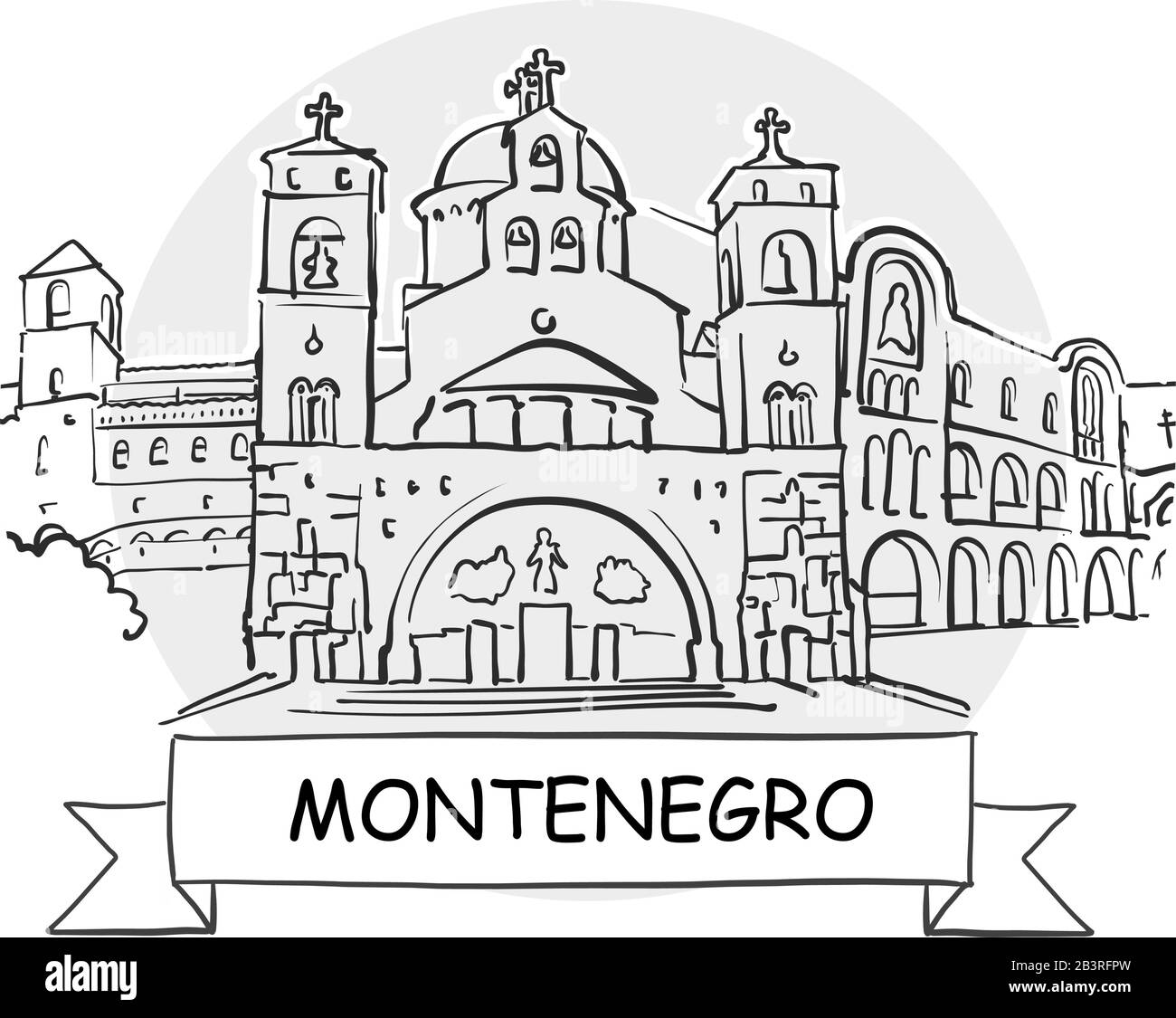 Montenegro Hand-Drawn Urban Vector Sign. Schwarze Strichzeichnung mit Farbband und Titel. Stock Vektor Montenegro Hand-Drawn Urban Vector Sign. Schwarze Strichzeichnung mit Farbband und Titel. Stock Vektor