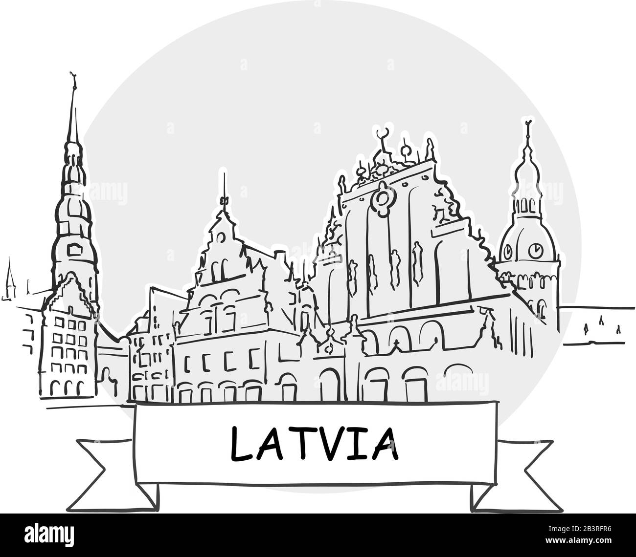 Lettland Hand-Drawn Stadtvektor-Zeichen. Schwarze Strichzeichnung mit Farbband und Titel. Stock Vektor