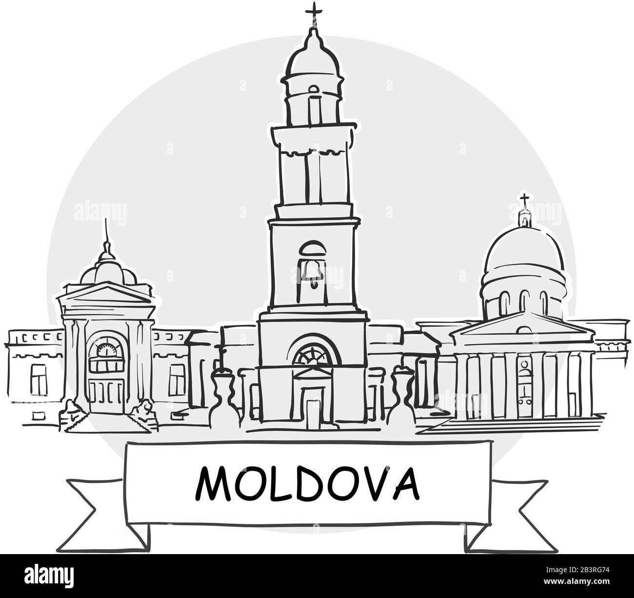 Moldawien-Handdrawn-Stadtvektorzeichen. Schwarze Strichzeichnung mit Farbband und Titel. Stock Vektor